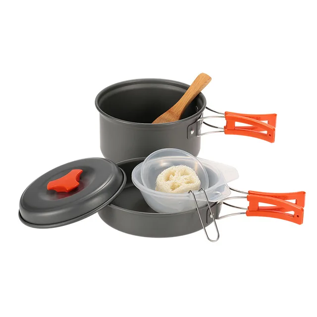 Camping Cookware Frying Pan 2 Person Picnic Set DS200 Easy Carrying Pot Pan Set 4