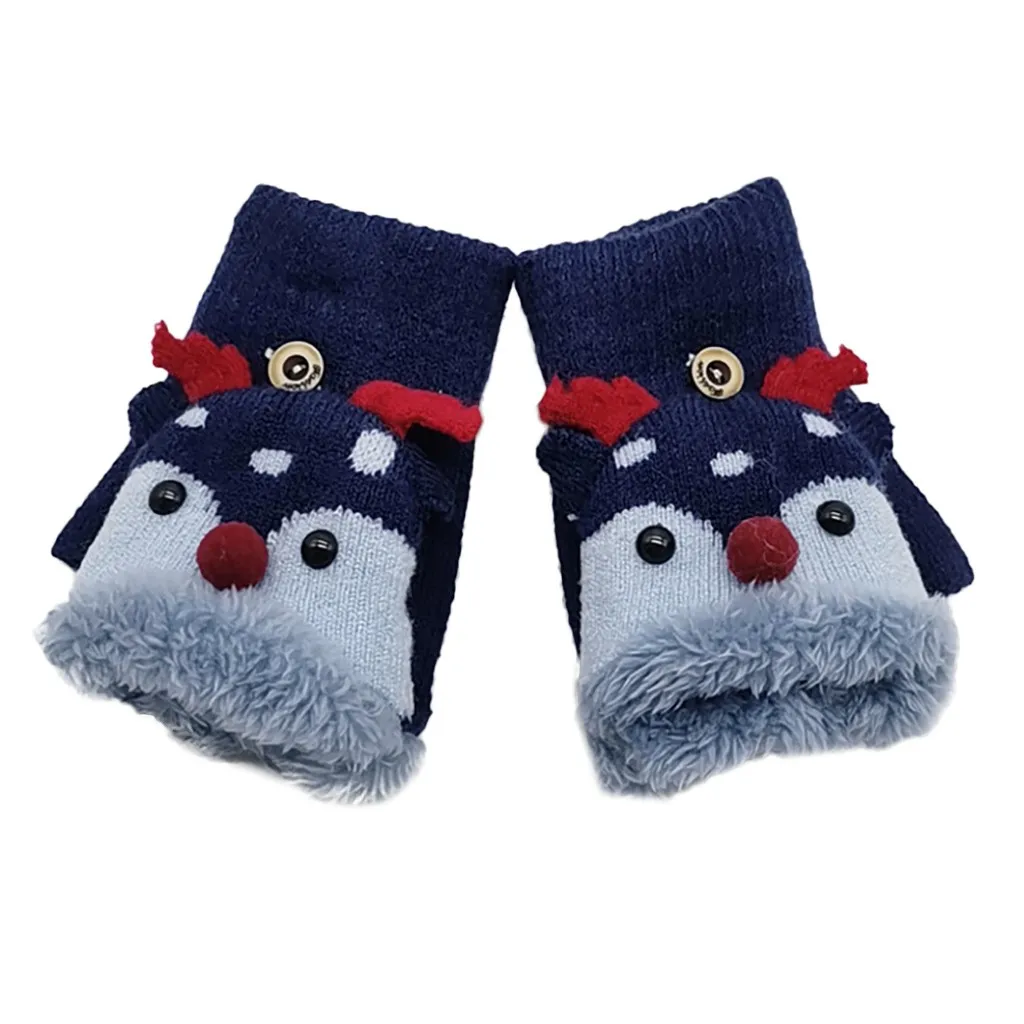 Christmas Festival Mitten Gloves Children Kids Winter Christmas Half Finger Antler Convertible Flip Top Gloves перчатки женские - Color: Navy