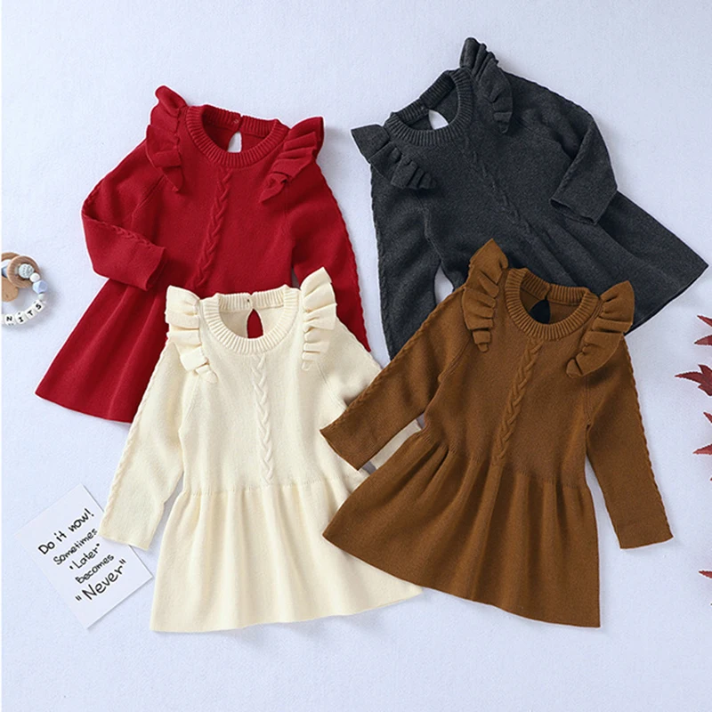 Kids Dresses For Girls Princess New 2020 Autumn Winter Girl Pure Color Fly Sleeve Dress Long Knit | Детская одежда и обувь