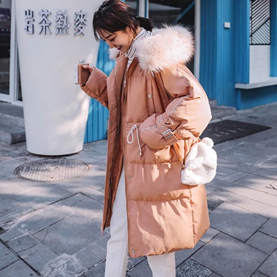Light Brown Утолщенное пуховое пальто с капюшоном, Женское зимнее повседневное длинное пуховое пальто, корейский Свободный модный офисный пуховик, женский большой размер, меховая верхняя одежда - Цвет: Light Brown