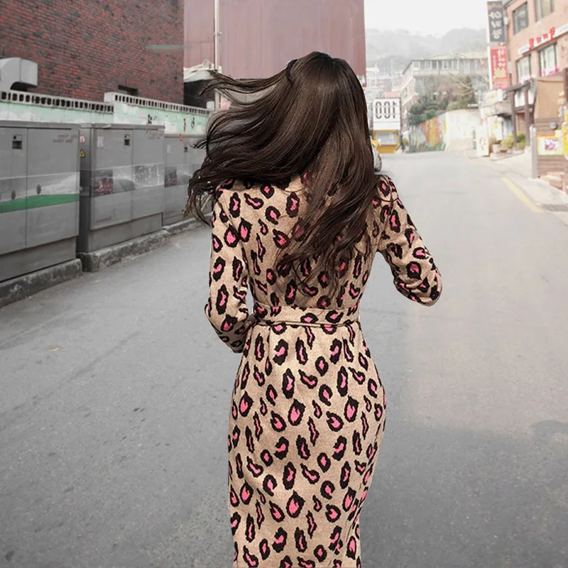 

Autumn And Winter French Vintage Knit Leopord Pattern Online Celebrity over-the-Knee Long Skirts V-neck Slim Fit France Non-main