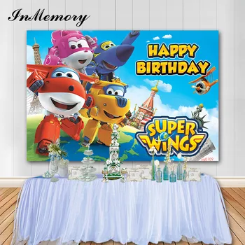 

InMemory Cartoon Child Birthday Party Photography Background Super Wings Theme Photo Backdrop Cake Table Decoration Vinyl Banner