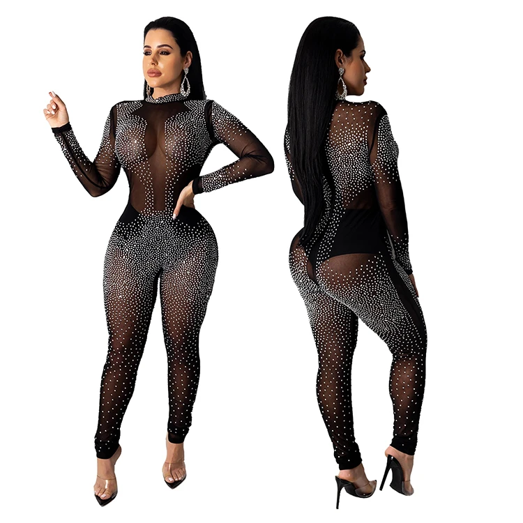 12AF016 cheap price hot drilling rhinestone mesh see through club wear sexy jumpsuits High Fashion Women Clothing