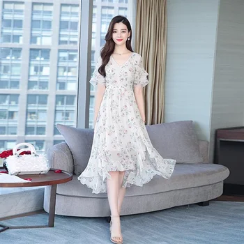 

Floral Chiffon Dress Women's 2020 Korean Version of The Summer New V-Neck Fashion Print Plus Size 3XL Butterfly Sleeve Dress