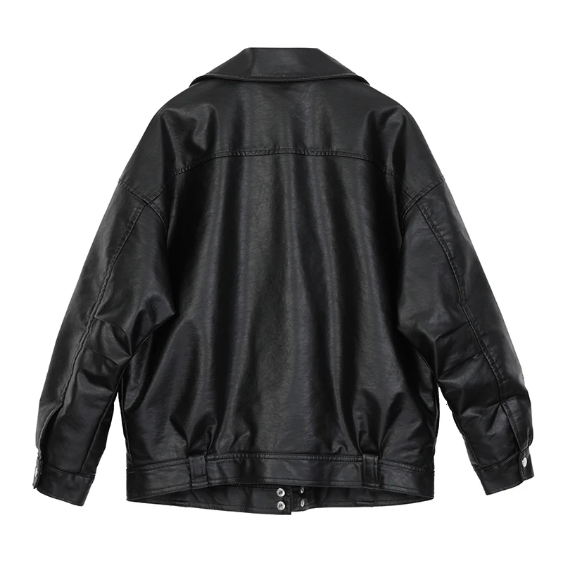 [EAM] Loose Fit Black Zipper Big Size Pu Leather Jacket New Lapel Long Sleeve Women Coat Fashion Tide Autumn Winter 1K557