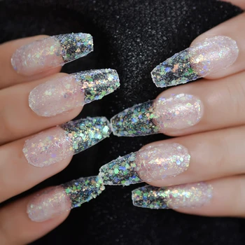 

Spirit Christmas Nail Art Deisned Press on Fingernails Gorgeous Extra Long Coffin nail Holographic Glitter Gel Clear Fake nails