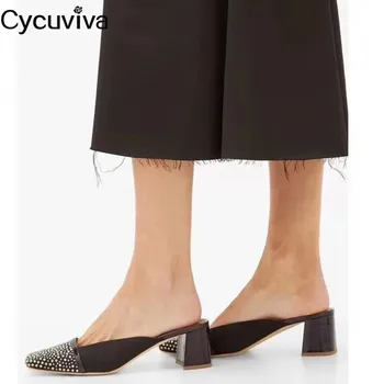

New Square Toe Rhinestone Slippers Women Crystal Ladies Shoes Block High Heels Women Sandals Runway Summer Dress Party Shoes