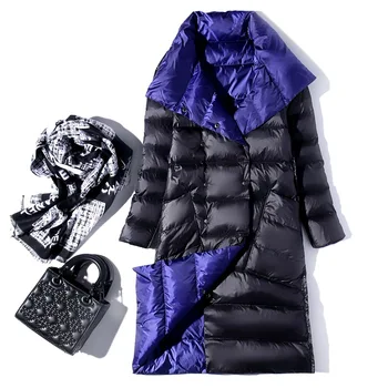 

Women Double Sided Down Long Jacket Winter Turtleneck White Duck Down Coat Double Breasted Warm Parkas Snow Outwear