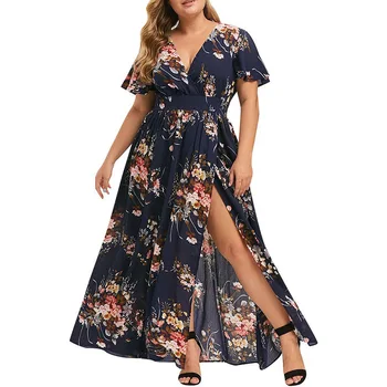 

2019 Women Plus Size Dress Summer V Neck Floral Print Boho Sleeveless Party Long Maxi Ladies Dresses