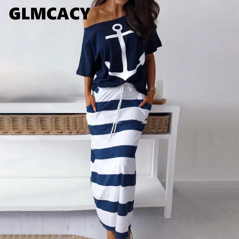 

Women Two Piece Sets Boat Anchor Print T-Shirt & Striped Skirt Sets Casual Ankle-Length Fashion Off Shoulder Maxi Striped Skirt