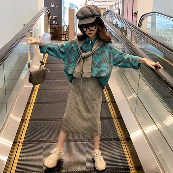 

Girls' Loose Long-Sleeved Plaid Shirt Knitted Long Skirts Spring and Autumn Casual Style