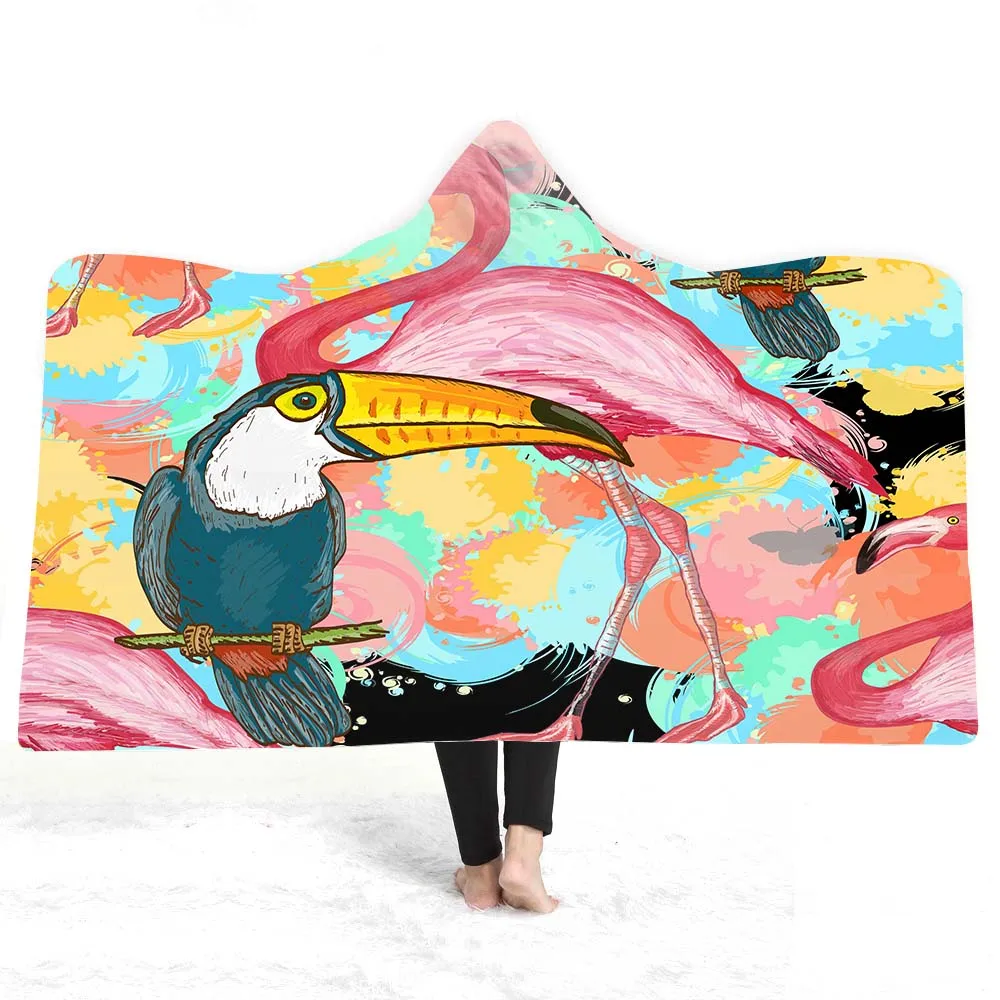 

Flamingo Warm Wearable Hood Throw Fleece Blanket Tropical Plants 3D Print Sherpa Blanket Kids/Adult Nap Blanket Bed on Sofa