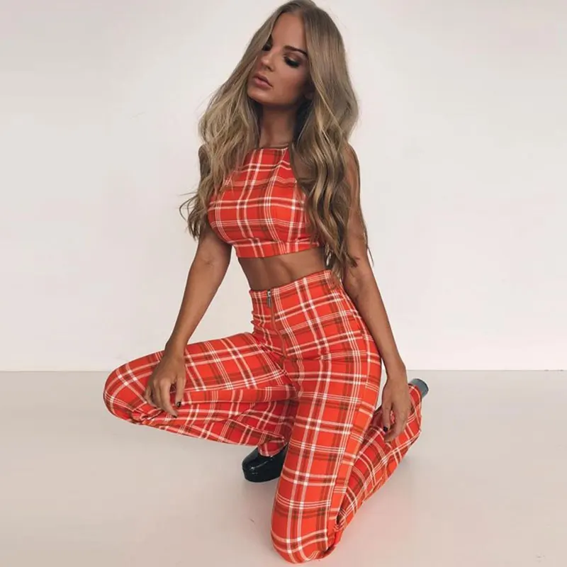 

Goocheer Plus Size Ladies Plaid Clothes Set Fashion 2019 Women Sleeveless Holiday Crop Tops+Long Pants 2Pcs Loose Outfit 2XL