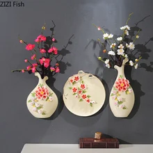 Китайский деревенский домашний декор, керамические вазы, рельефная настенная ваза с изображением пиона, гидропонный цветочный горшок, цветочные вставки, сушеные цветочные украшения