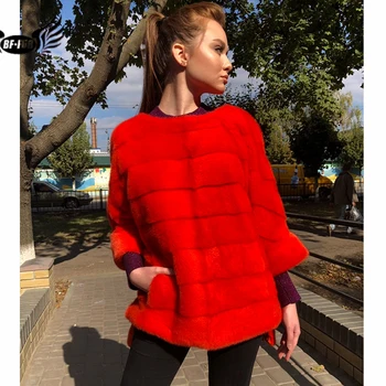 

BFFUR Fashion Red Mink Fur Coat Short Winter Warm Genuine Mink Fur Jacket Women Outwear Natural Fur Ponchos And Capes Overcoats