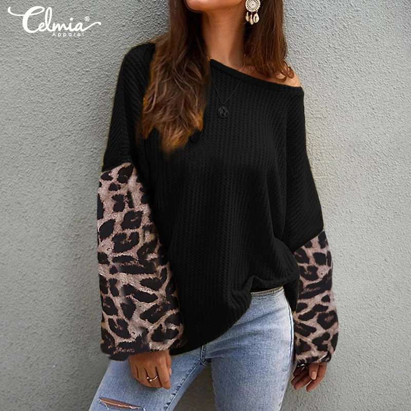  Celmia Women Leopard Print Blouse Patchwork Plus Size Tunic Tops Long Lantern Sleeve Casual Elegant