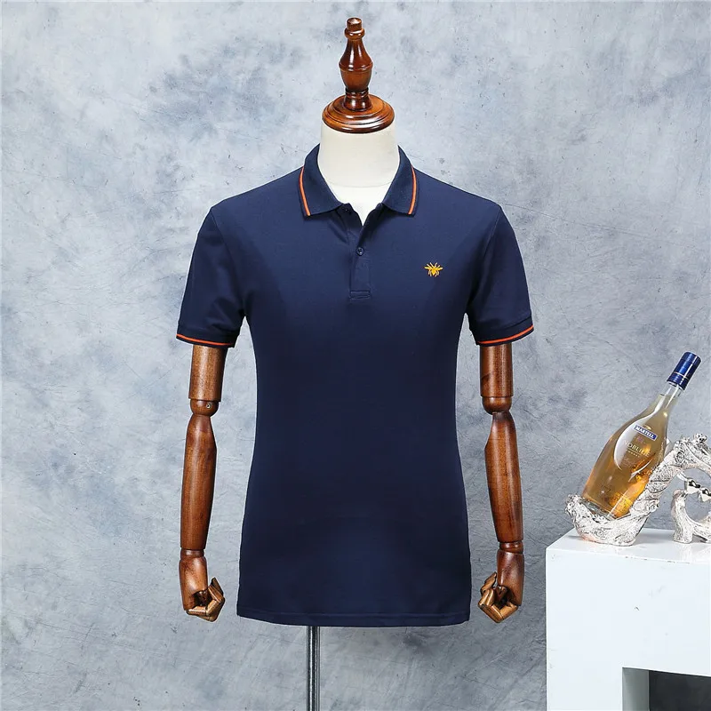 Новое поступление, мужская вышитая рубашка поло с Пчелой, Модный Рисунок, черные, короткий рукав, летние Прямые хлопковые рубашки-поло, мужские, высокое качество - Цвет: Синий