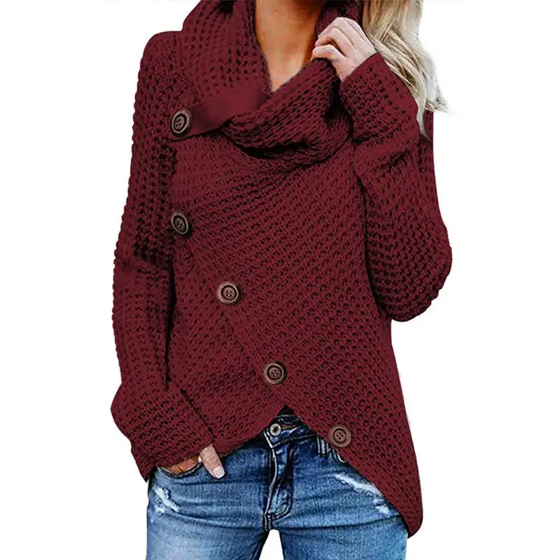 Женский осенне-зимний пуловер с длинным рукавом, топы, водолазка, косая пуговица, вафельный трикотаж, нестандартный подол, свободная толстовка - Color: 5