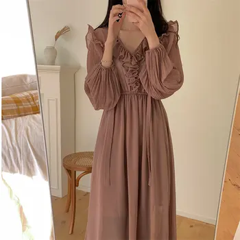

Alien Kitty Pink Feminine Chic V-neck All Match Elegance 2020 Basic Chiffon Solid Gentle Women New Fairy Full Sleeves Long Dress