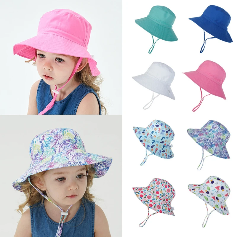 Summer Baby Bucket Hat With Rope Children Outdoor Anti Uv Protection