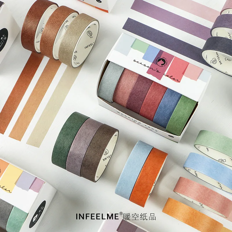 6pcs/pack Vintage Solid Color Paper Washi Tape Set Retro Adhesive Masking Tape DIY Scrapbooking Sticker Label Decorative Tapes