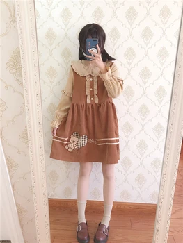 

Lolita Japanese soft sister girl retro bear embroidery cute doll collar long sleeve dress high waist victorian dress kawaii girl