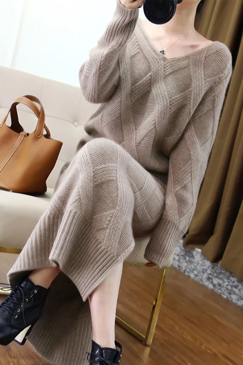 Осенне-зимний свитер с v-образным воротником Женский кашемировый комплект из двух частей вязаный свитер комбинезон юбка женский свитер сумка длинная юбка