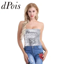 Fashion Women Sparkling Sequins Stretch Tank Crop Top Strapless Tube Top Bra Bodycon Bra Top Swimwear Halloween Costume Clubwear