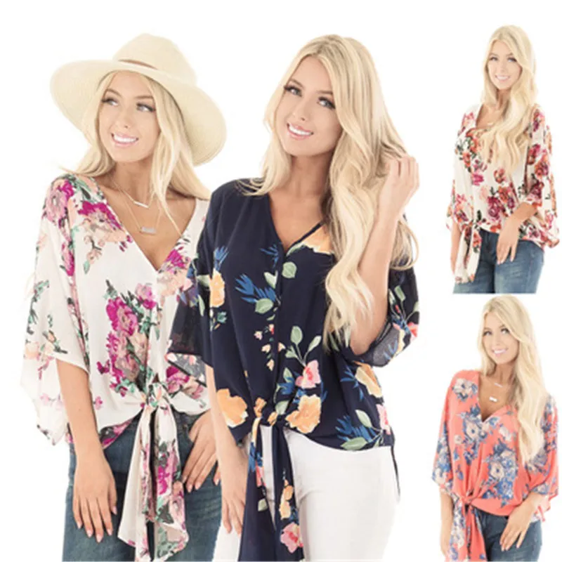 

Women Blouse Fashion V-Neck Bow Tie Flare Sleeve Chiffon Blouse Summer New Three Quarter Sexy Hight Waist Print Tops 30