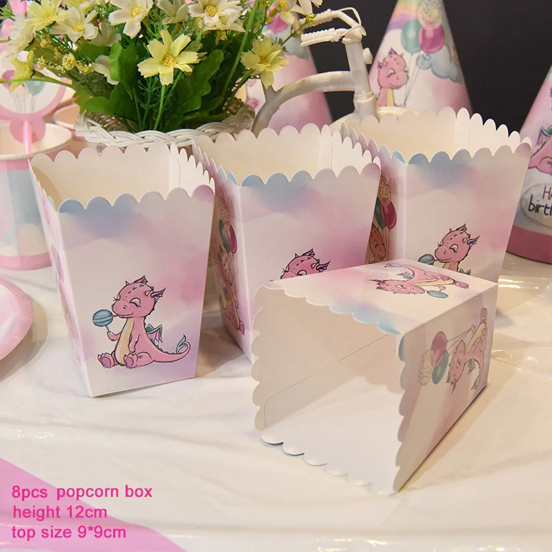 8pcs popcorn boxes Розовые синие одноразовые столовые приборы динозавр тема вечерние Декор Бумага с динозаврами Тарелка Для детей день рождения детский душ вечерние принадлежности - Цвет: 8pcs popcorn boxes