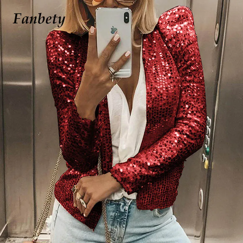 Promo Lady Chic Glitter Sequined Jacket coat women Shiny Autumn puff Long Sleeve Cardigan Coat Elegant Fe