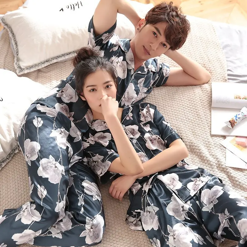 best silk pajamas Lovers Pajamas Couple Night Pijamas Silk Pajamas Nightwear Short Sleeve Top Pants Women's Pajamas Men Sleepwear Couples Matching mens tall pajama pants