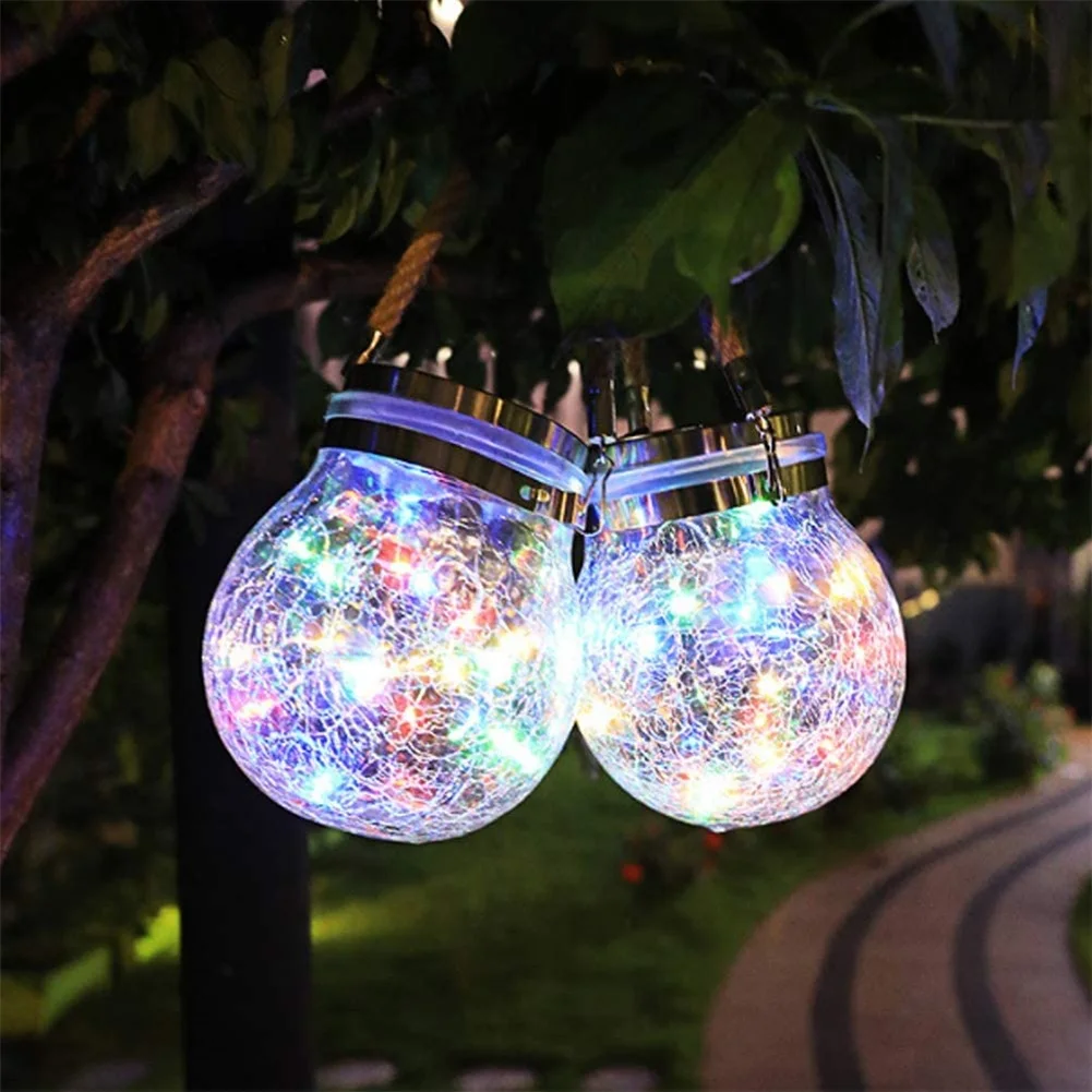 

Crackle Glass Globe Solar Lights LED Fairy Mason Jar Hanging Lantern Solar Powered Outdoor Garden Light For Patio Yard Fence