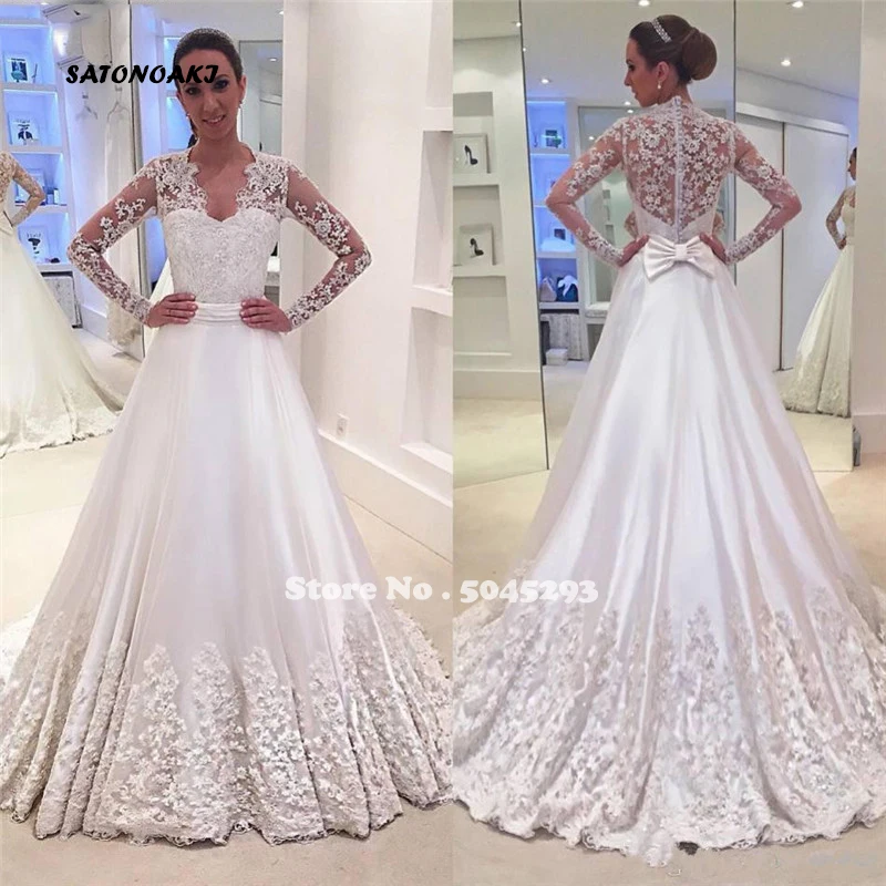 

SATONOAKI Long Sleeve Vintage Lace Wedding Dresses 2020 V Neck with Bow A Line Elegant Vestido De Novia Charming Bridal Gowns
