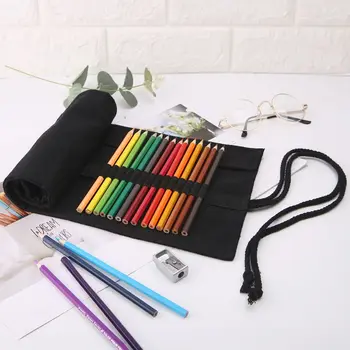 

Black Color School Pencil Case Roller 12/24/36/48/72 Holes Canvas Roll Up Makeup Canvas Pen Bag For Girls Boys Stationery