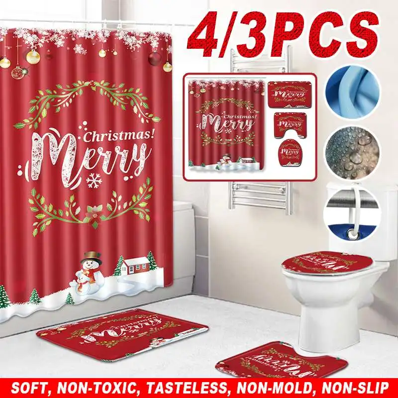 3 PCS Washable Christmas Bath Rug Set Non Slip Toilet Bath Mat Cover Home Decor 