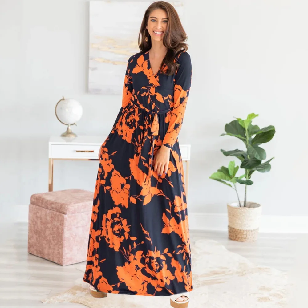 

2019 Europe And America Autumn & Winter New Style Long Skirts Hot Selling Printed Elegant Long Sleeve WOMEN'S Dress 22890
