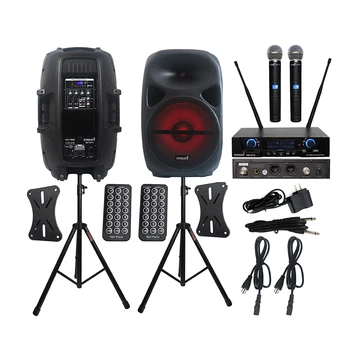 

STARAUDIO 2Pcs 15" Powered Active 2500W PA Karaoke RGB Light Speakers DJ Stands 2 Channel UHF Wireless DJ Handheld Mic SCS-15RGB