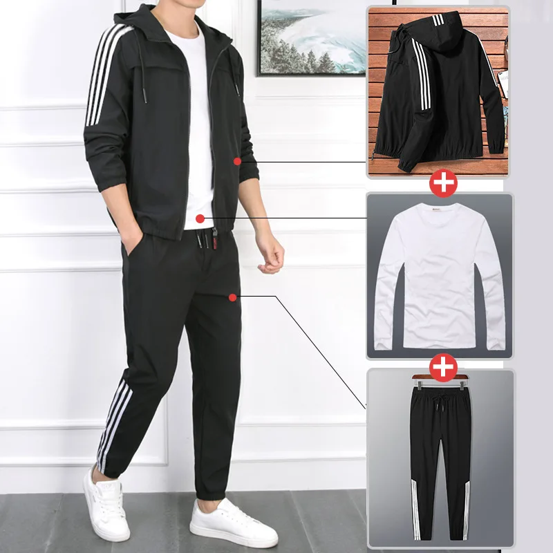 

Spring And Autumn New Style Main Push Men Three Bars Sports Set Trend Casual Sports Hooded Set Jacket Three-piece