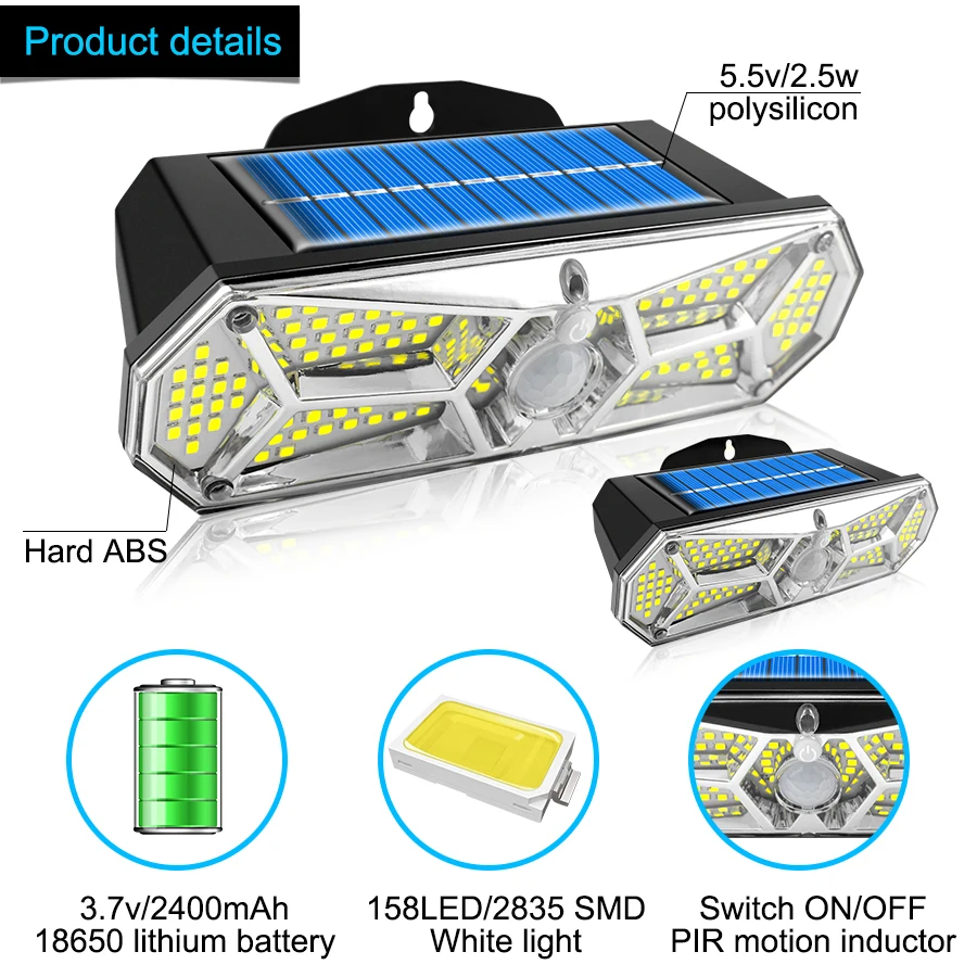 Solar Lights Outdoor Motion Sensor 158LEDs IP65 Waterproof Super Bright Solar Wireless Wall Lamp with 3Modes and 8Wide Angle solar garden lights