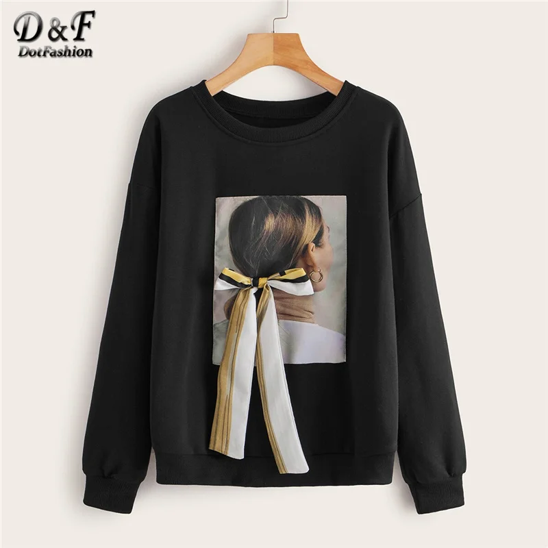 Dotfashion/Женская толстовка с черным галстуком и принтом спереди; коллекция года; сезон осень; толстовки с открытыми плечами; женская Повседневная Толстовка в стиле пэчворк