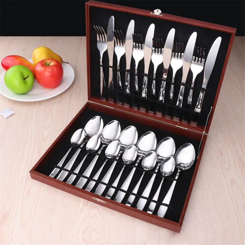 

Stainless Steel 24pcs Tableware Western Cutlery Set knife spoon fork Dinner Set for 6 Person Family Supplies with Wood Gift Box