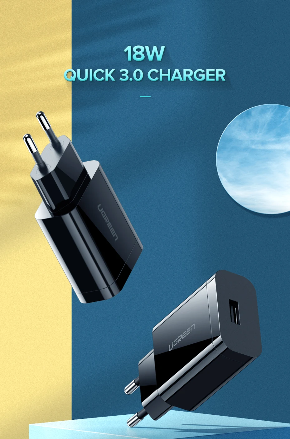 Ugreen Charge rapide 3.0 QC 18W chargeur USB QC3.0 chargeur mural rapide pour Samsung s10 Xiaomi iPhone Huawei chargeur de téléphone portable