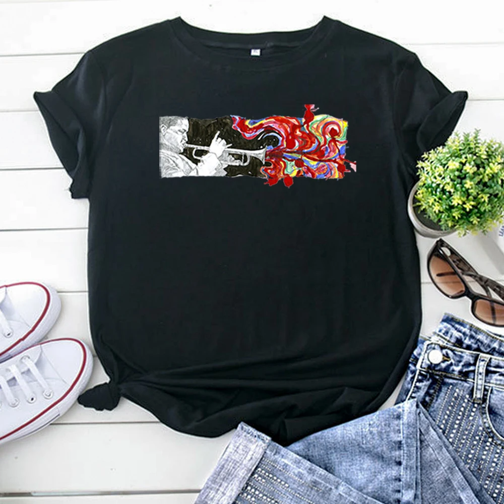 Music Jazz Mixed Media T Shirts Personality Printing T-Shirts For Woman Cotton Hip Hop Women Tshirt Fashion Vintage Tee Shirts