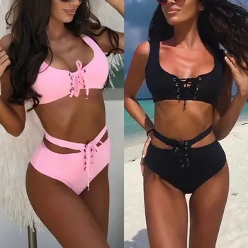 

Lace Bandage Womens Bikini Swimsuit Two Piece Set Backless Push-Up Padded Hollow Triangle Thong Swimwear Swimsuit Beach Bathing