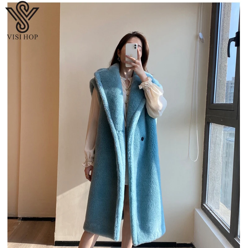 long puffer coat VISI HOP VS5503 Max Teddy Bear brand wool vest women 2021 new real fur waistcoat thicken alpaca sleeveless winter long vest down coats & jackets Coats & Jackets