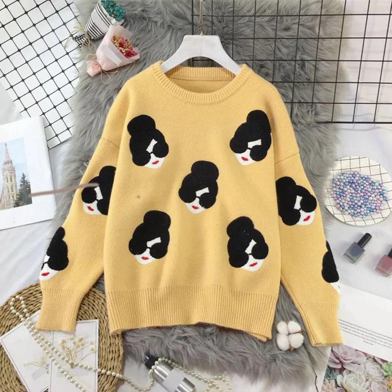 

2020 Winter Knitted O-Neck Print Women's Sweaters Cartoon Human Avatar Loose Female Pullovers Fashion Warm School Ladies Sweater