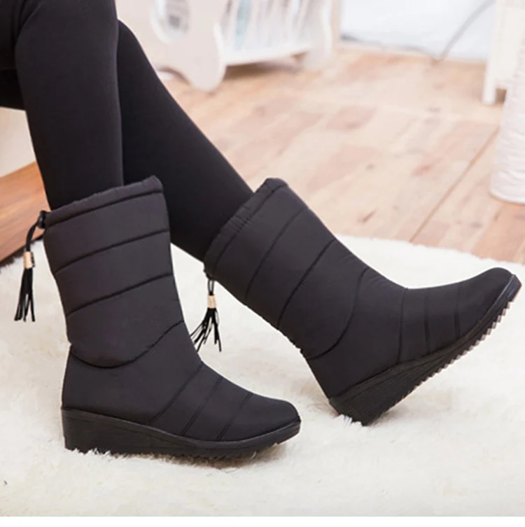 Женские ботинки; зимние ботинки до середины икры на низком каблуке; зимняя обувь; женские зимние ботинки; водонепроницаемые теплые ботинки на танкетке; botas mujer; женская обувь