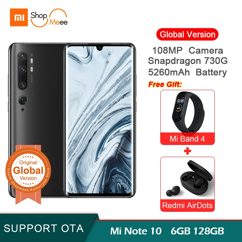 Глобальная версия Xiaomi Mi Note 10 6GB 128GB 108MP Penta camera Snapdragon 730G Восьмиядерный мобильный телефон 6,47 ''изогнутый 5260mAh