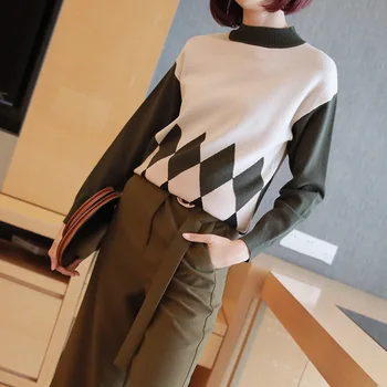 

2019 Fall Winter Modis Slim Sweater Women Half Turtleneck Print Plaid Women Sweater High Elastic Casual Vintage Knitted Pullover